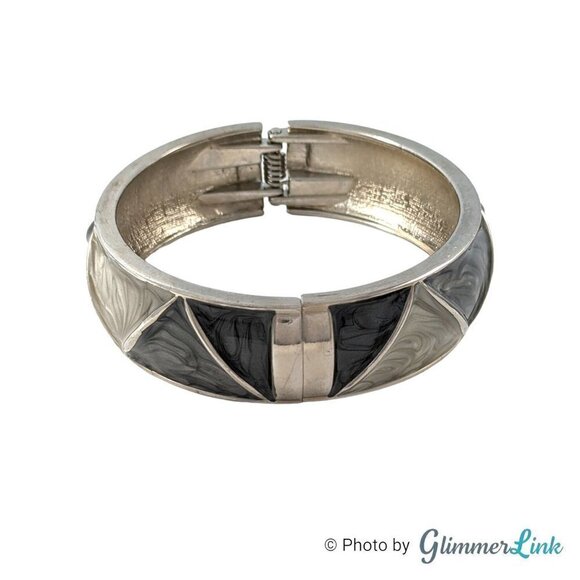 Vintage Enamel Swirl Geometric Hinged Silver Tone Bangle Clamper Bracelet - Picture 4 of 7